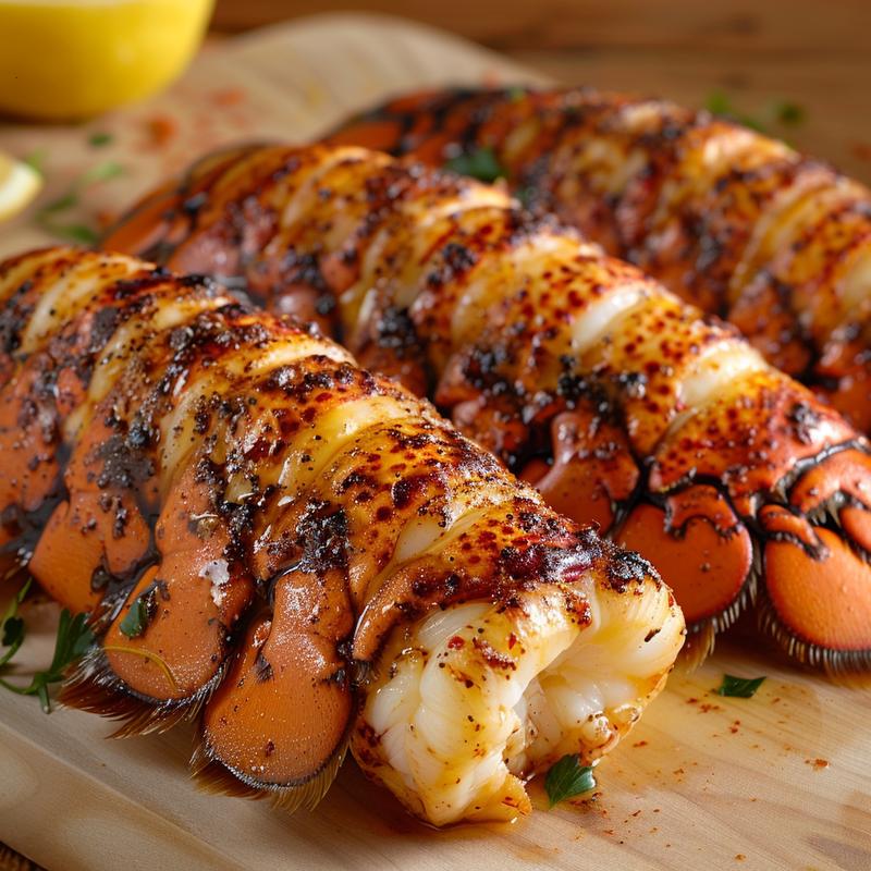 Close-up of baked lobster tail on light wood.