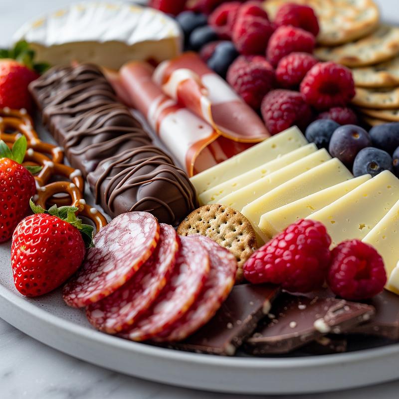 Close-up of a Valentine's Day charcuterie board featuring cheese, meats, berries, and chocolate pretzels.