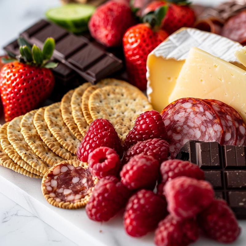 Close-up of a Valentine's charcuterie board with cheese, meats, fruit, crackers, and chocolate.