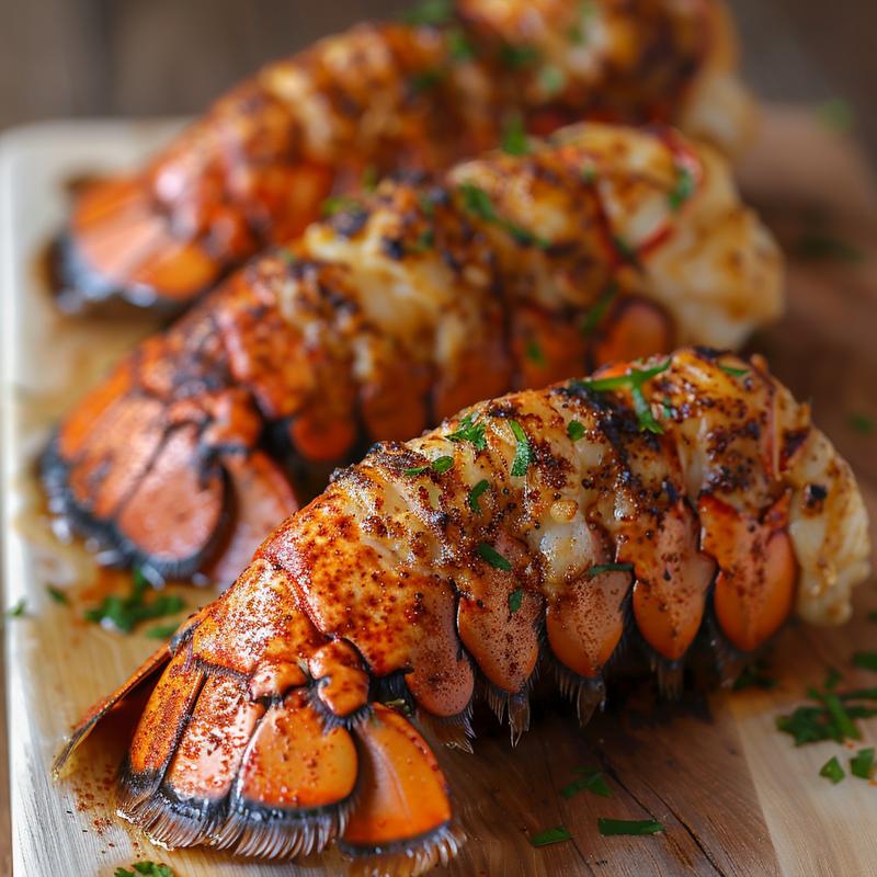 Close-up of air-fried lobster tail with seasonings on a wooden board.