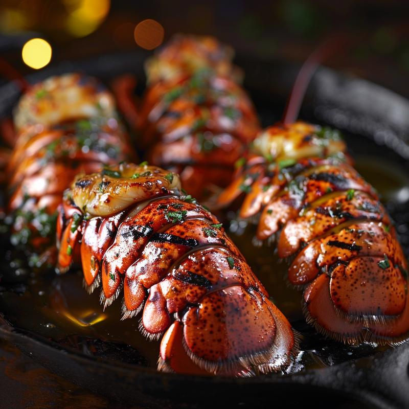 Four grilled lobster tails on a dark surface with butter.