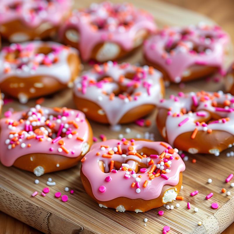 Close-up of Valentine's Day pretzels on a light wood board.