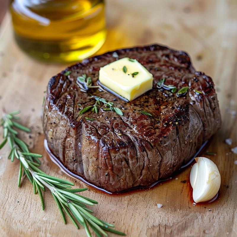 Close-up of a perfectly cooked filet mignon steak on a light wood board.