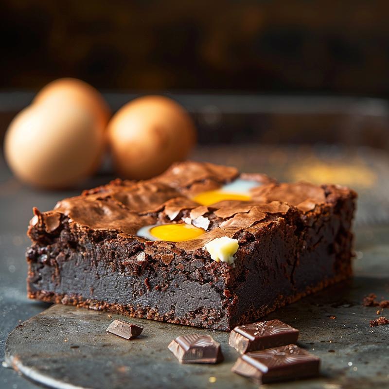 Close-up of glossy, dark chocolate brownies on a cast iron surface.