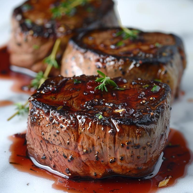 Close-up of seared filet mignon with red wine sauce on white marble.