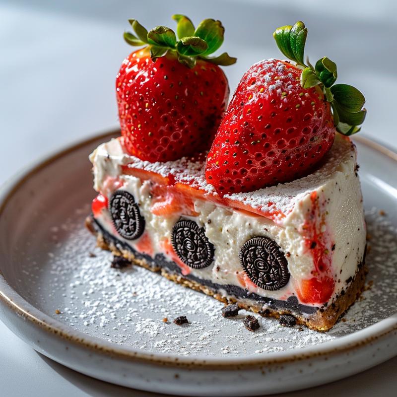 Close-up of Oreo cheesecake stuffed strawberry on a grey plate.
