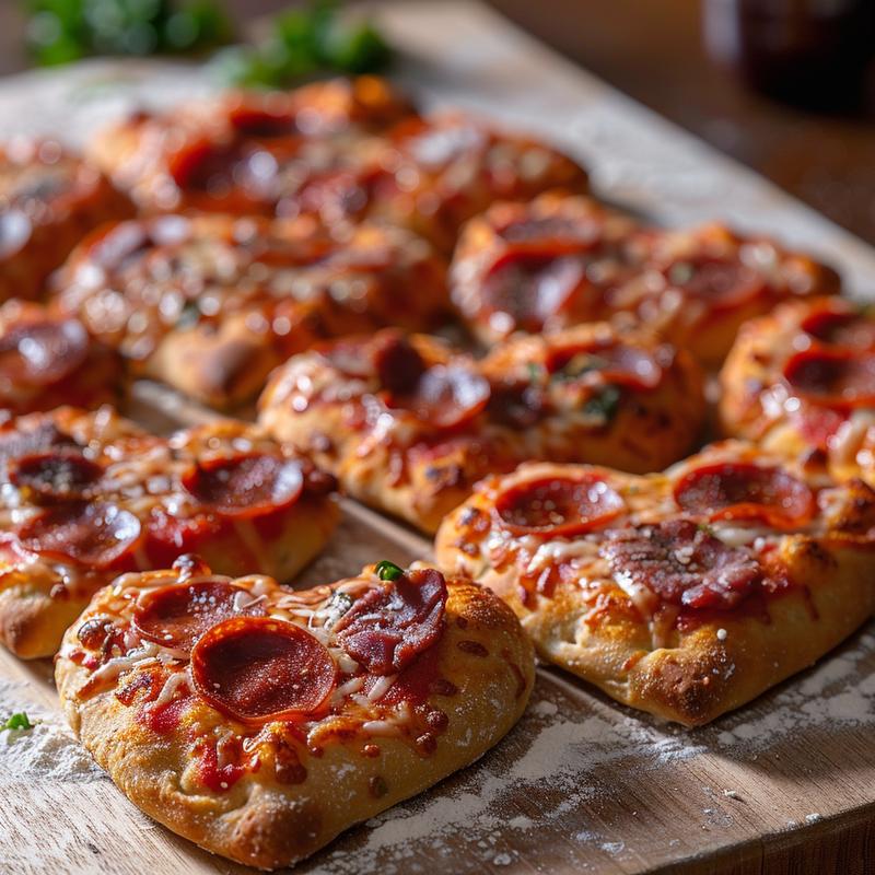Close-up of a heart-shaped pizza with pepperoni and cheese on a wooden board.