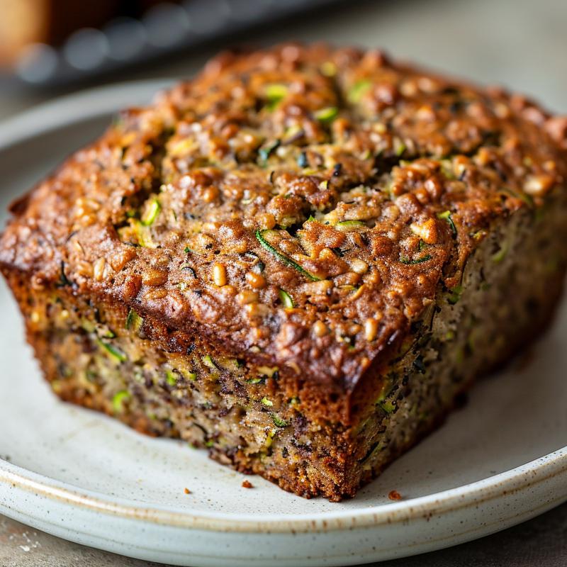 Close-up of gluten free zucchini banana bread on a light grey plate.