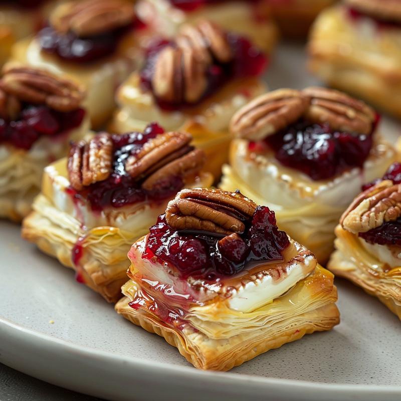 Close-up of cranberry brie bites on a gray plate.