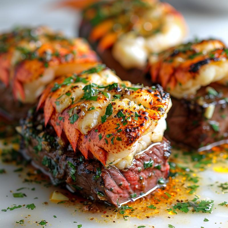 Close-up of surf and turf with lobster tail and steak on marble.