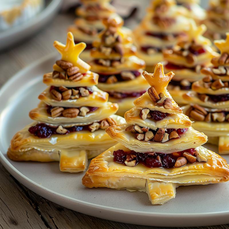 Close-up of brie Christmas trees on a grey plate.