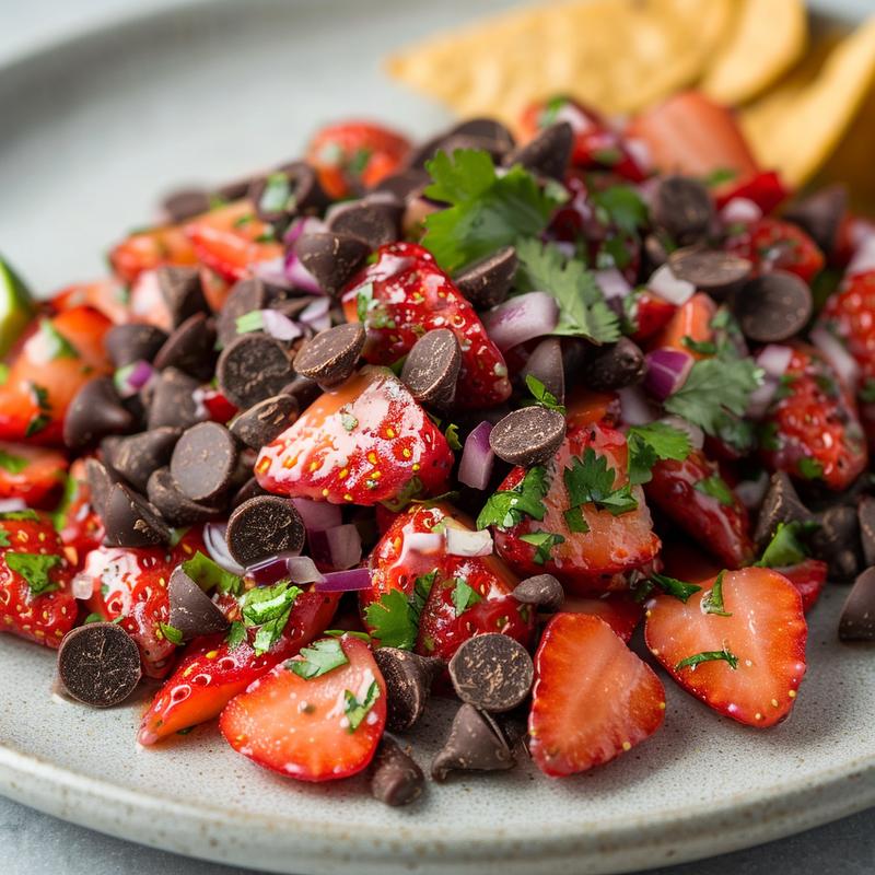 Close-up of strawberry salsa with chocolate chips on a gray plate.