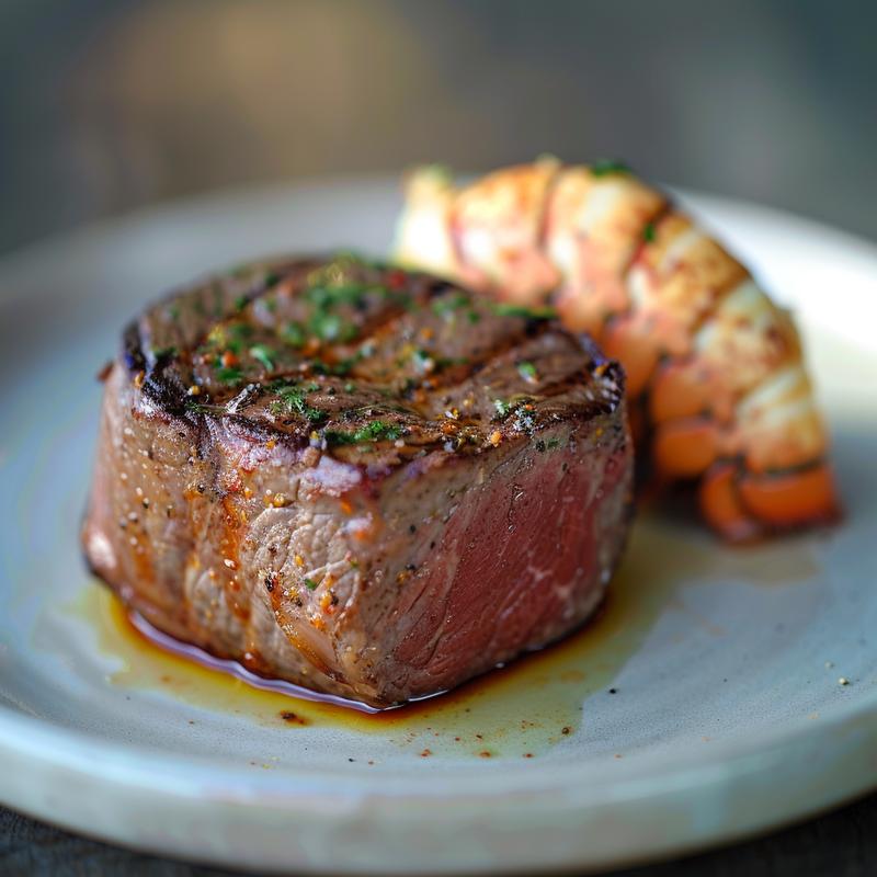Close-up of surf and turf on a light grey plate.