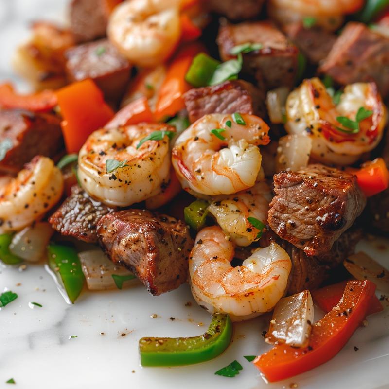 Close-up of colorful surf and turf in foil packets.