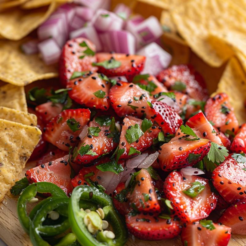 Close-up of vibrant strawberry salsa with chocolate chips on wood.
