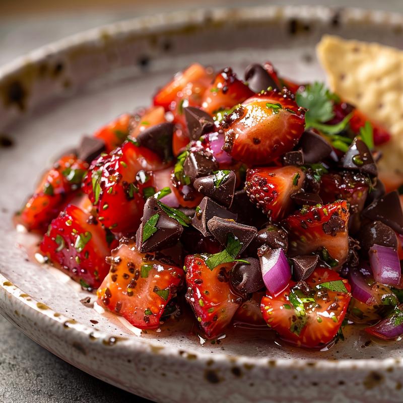 Close-up of strawberry salsa with chocolate chips on a grey plate.