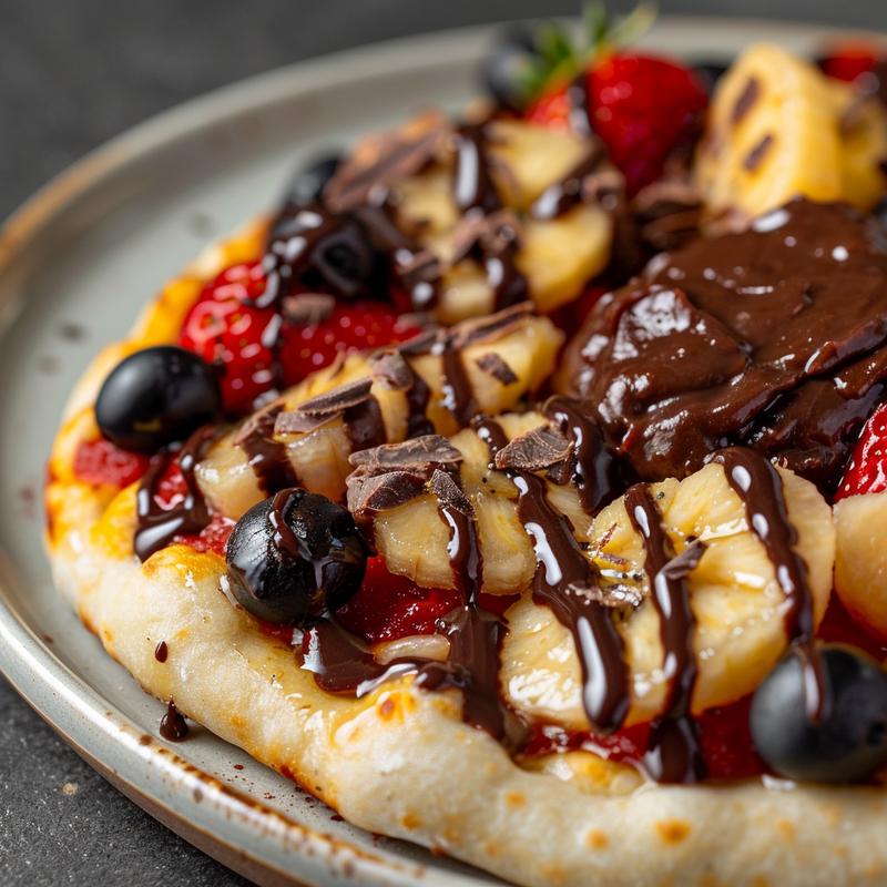 Close-up of a DIY pizza with visible dough, sauce, toppings, and chocolate spread on a light grey ceramic plate.