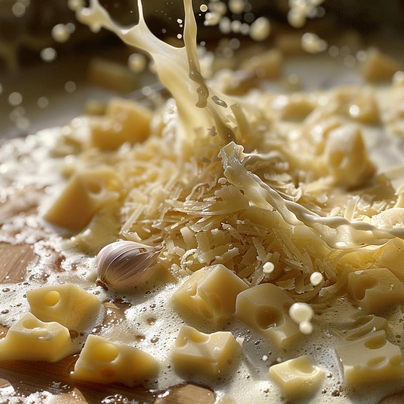 Close-up of a fondue set with cheese, garlic, and wine on a wooden board.