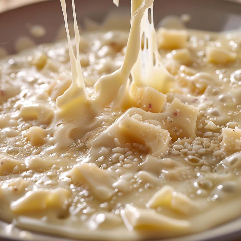 Close-up of melted cheese fondue on a light grey plate.