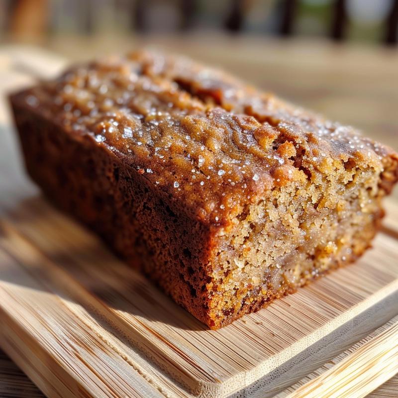 A close-up of a slice of diabetic banana bread on a light wood board, showcasing its texture.