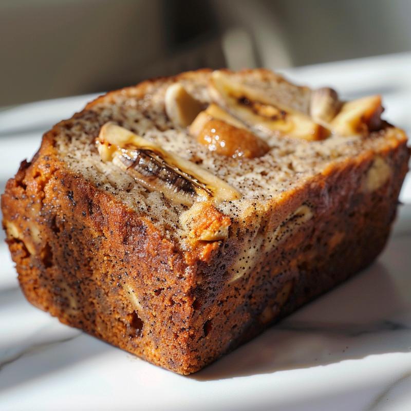 Extreme close-up of a slice of healthy banana bread with applesauce on a white marble surface.