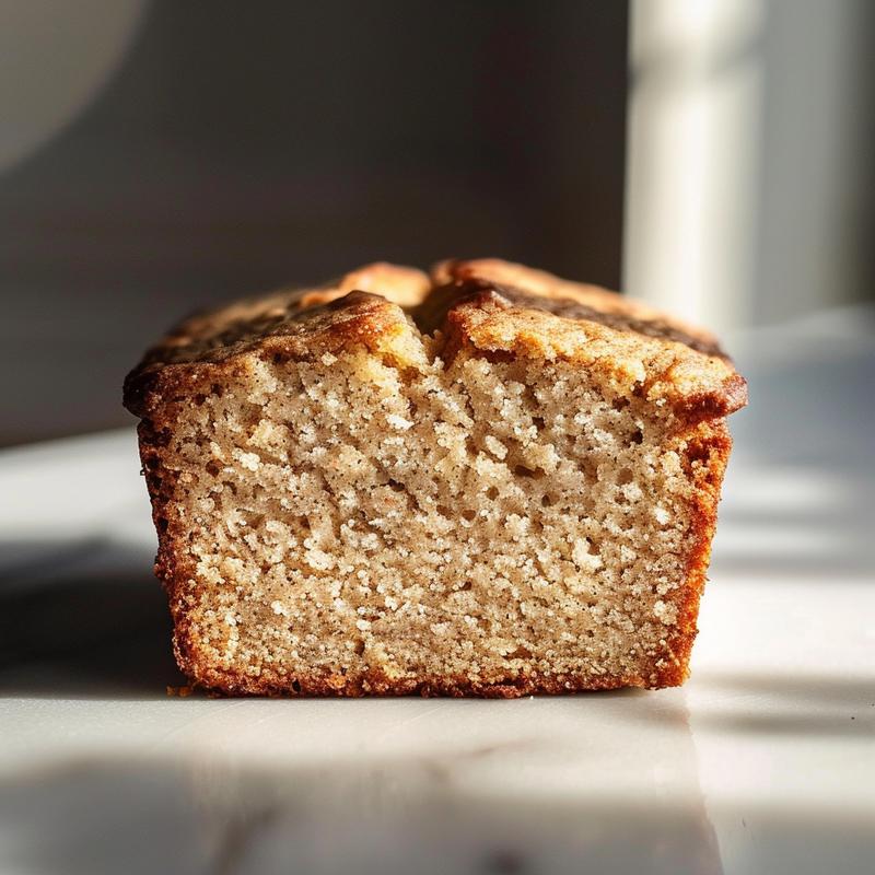 Close-up of a slice of gluten-free banana bread on a white marble surface.