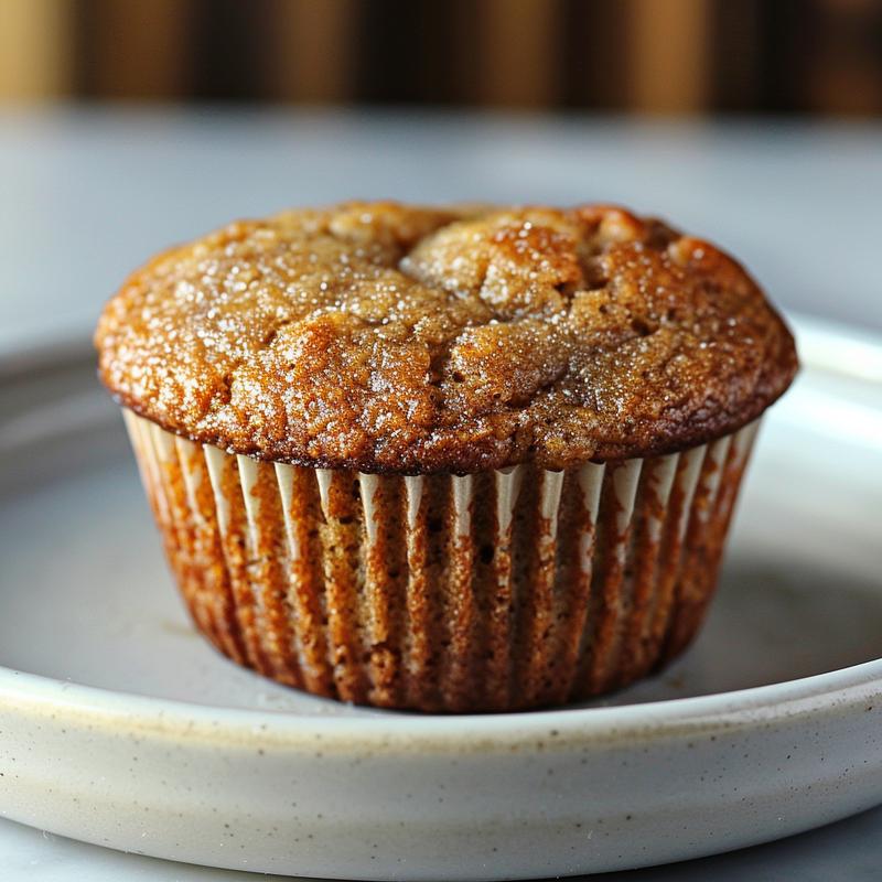 Close-up of a sugar-free banana muffin on a light grey ceramic plate.