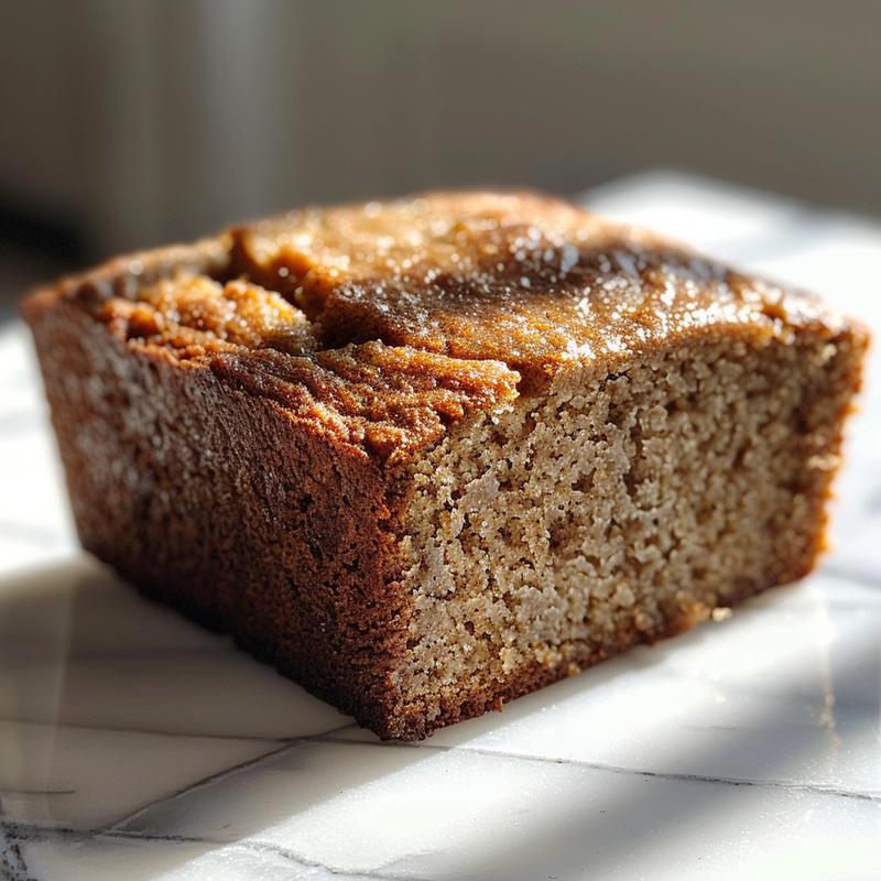 Extreme close-up of a slice of sugar free banana bread on a white marble surface.