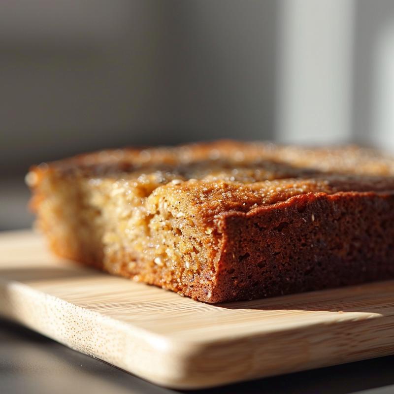 Extreme close-up of a moist slice of almond flour banana bread on a light wood board.