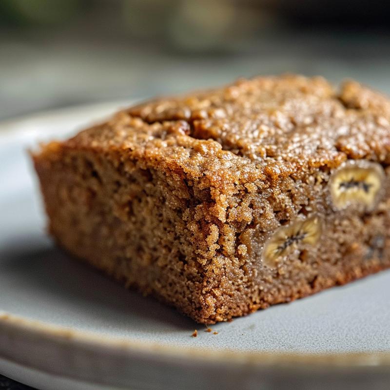 Close-up of a slice of vegan gluten-free banana bread on a light grey ceramic plate.