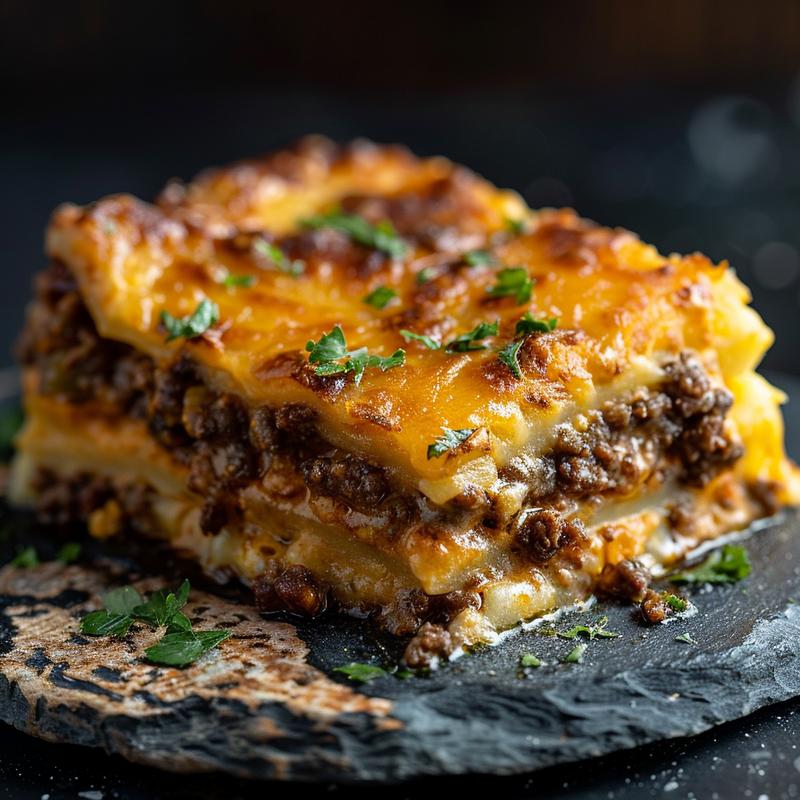 Close-up view of a cheesy ground beef casserole served on a rustic slate plate, showcasing rich textures and a warm, inviting appearance.