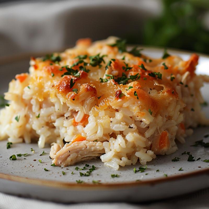 Close-up view of a portion of chicken and rice casserole on a light grey ceramic plate.