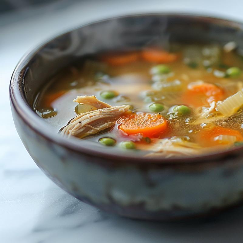 Close-up of a bowl of steaming chicken soup on a white marble surface.