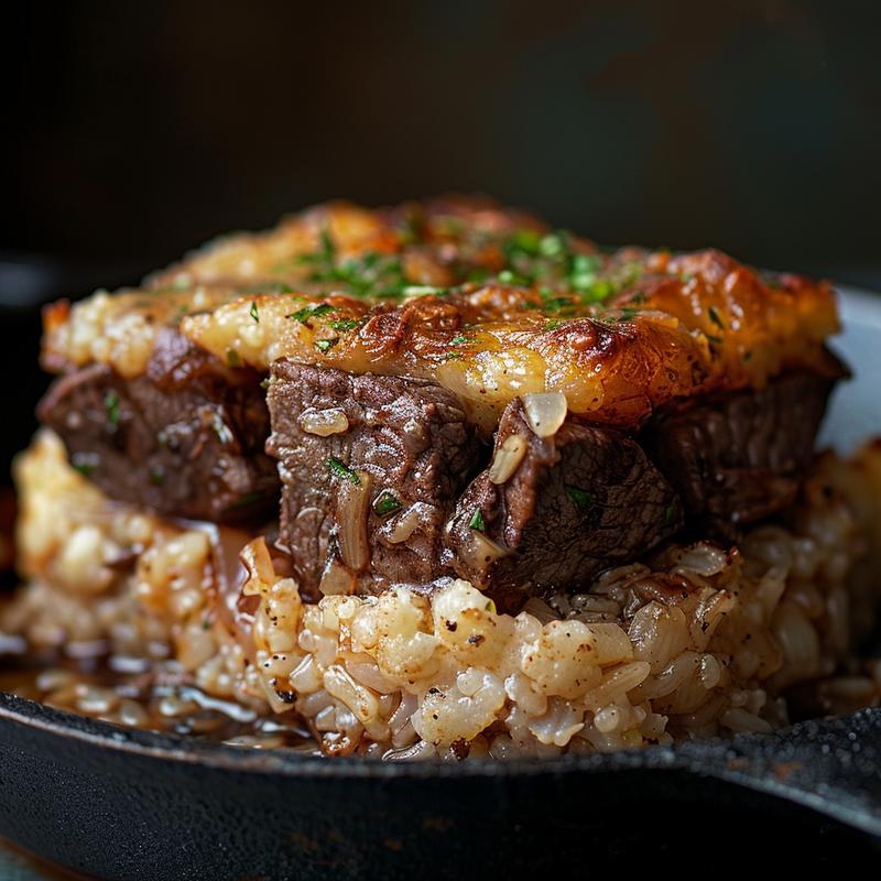A close-up of a beef and cauliflower rice casserole in a rustic cast iron dish, showcasing rich textures and colors.