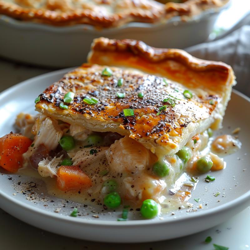Close-up of a slice of chicken pot pie on a grey plate, showcasing flaky crust and filling.