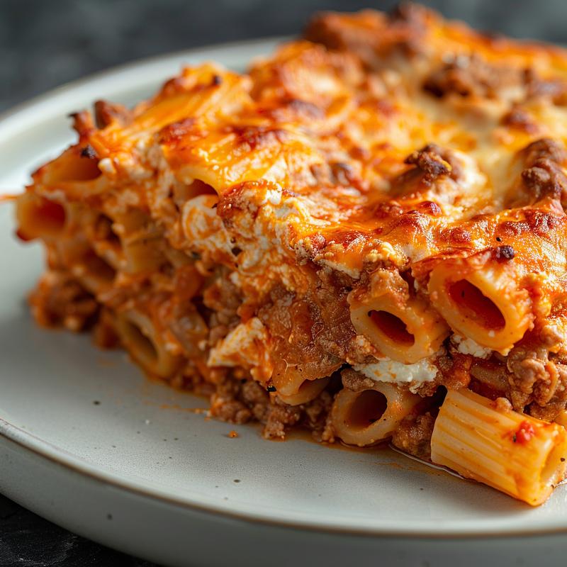 Close-up of a creamy ricotta pasta bake served on a light grey ceramic plate.