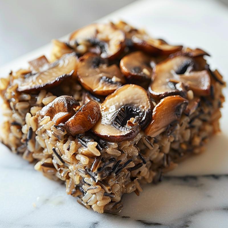 A close-up view of a savory mushroom and wild rice casserole on a white marble surface, showing rich textures and colors.