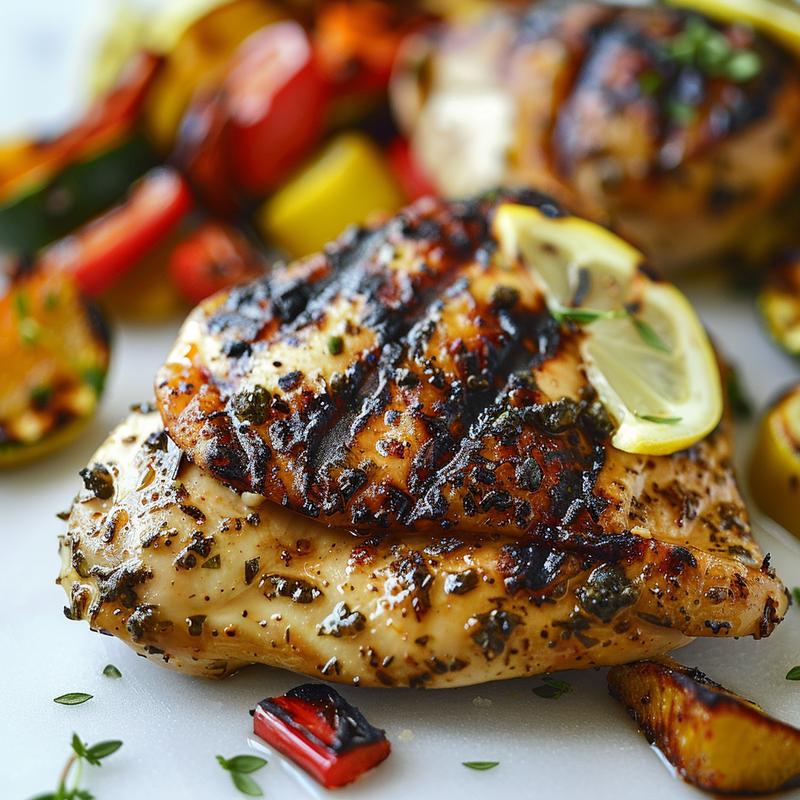Close-up of grilled lemon herb chicken with colorful roasted vegetables on a marble surface.