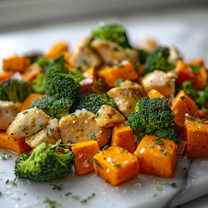 Close-up of cooked chicken, broccoli, and sweet potatoes on marble.