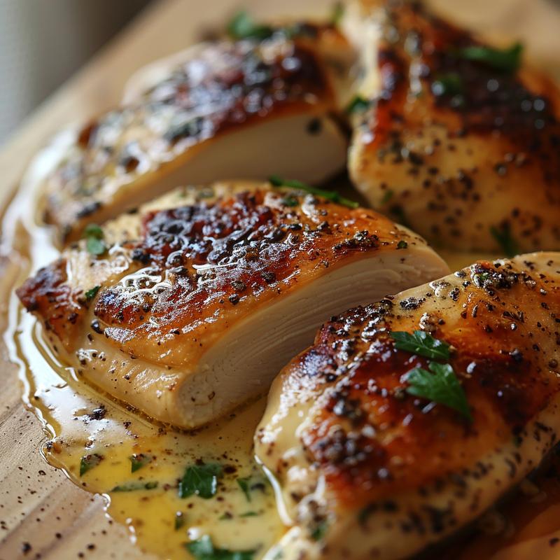Close-up of creamy Tuscan chicken cutlets on a light wood board.
