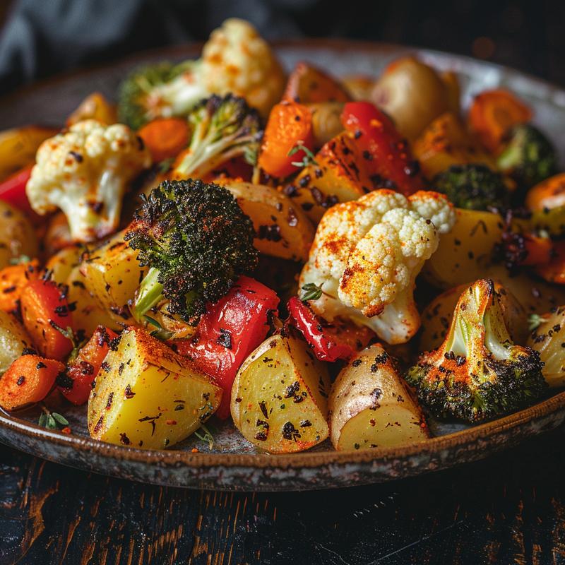 Close-up of roasted vegetables: cauliflower, broccoli, potatoes, peppers, carrots on wood.