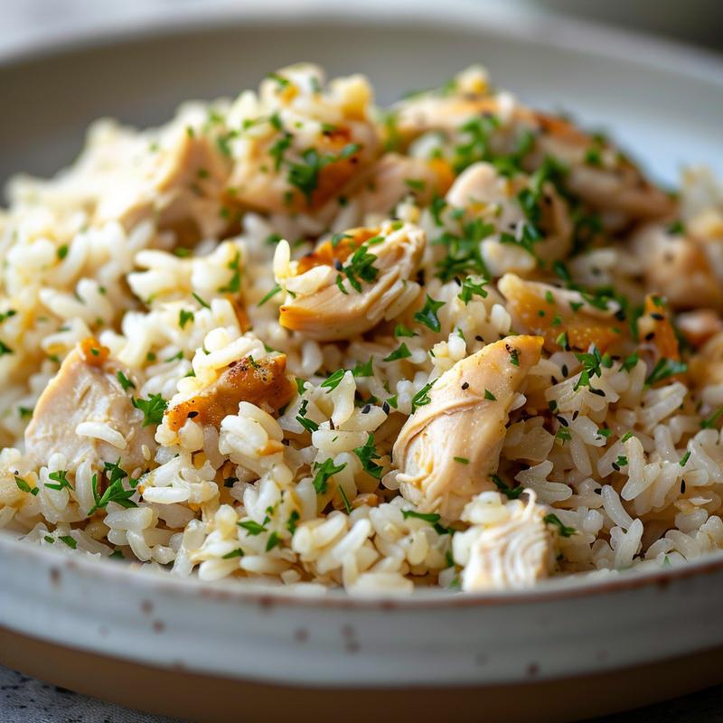 Close-up of a chicken and rice bowl on a gray plate.