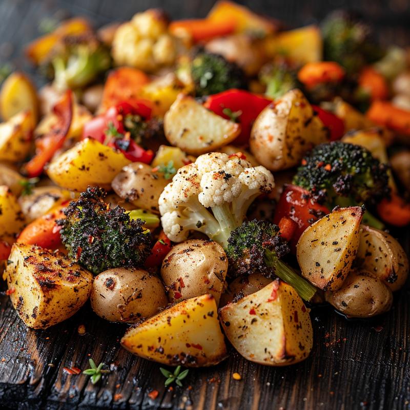 Close-up of roasted vegetables including cauliflower, broccoli, potatoes, pepper, and carrots on a dark wooden surface.