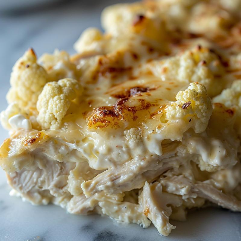 Close-up of creamy chicken casserole with cauliflower, featuring shredded chicken and a marble surface.