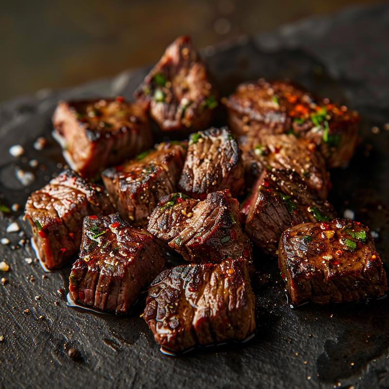 Close-up of a steak bowl with visible steak pieces, olive oil, garlic powder, smoked paprika, and salt.