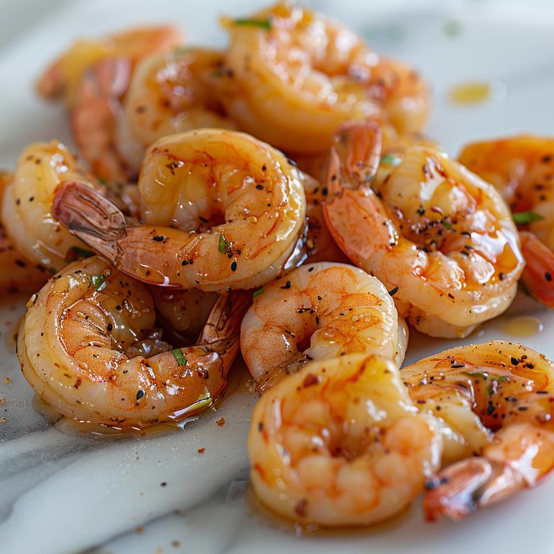 Close-up of glistening honey garlic shrimp on white marble.