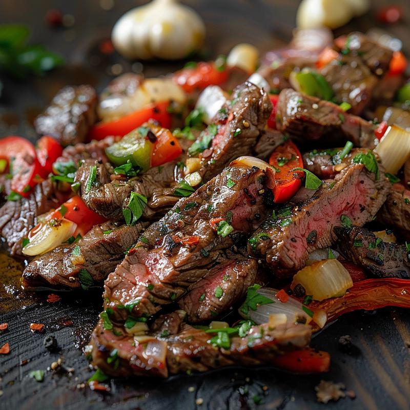 Close-up of keto beef pepper steak with sliced sirloin, bell peppers, and onions on a dark wood table.