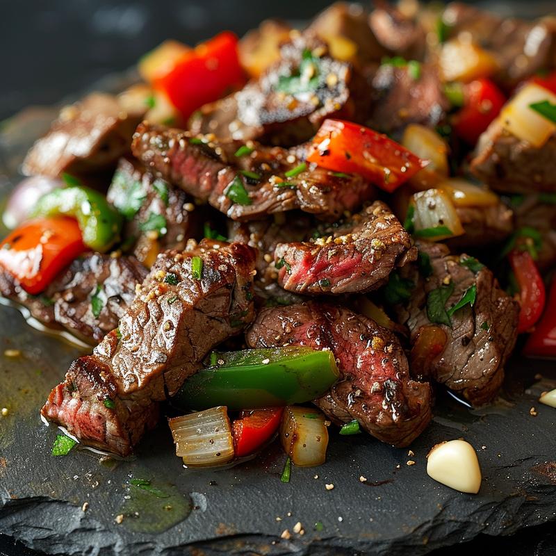 Close-up of keto beef pepper steak on a slate plate.