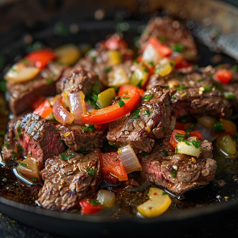 Close-up of keto beef pepper steak with sliced sirloin, peppers, and onions on cast iron.