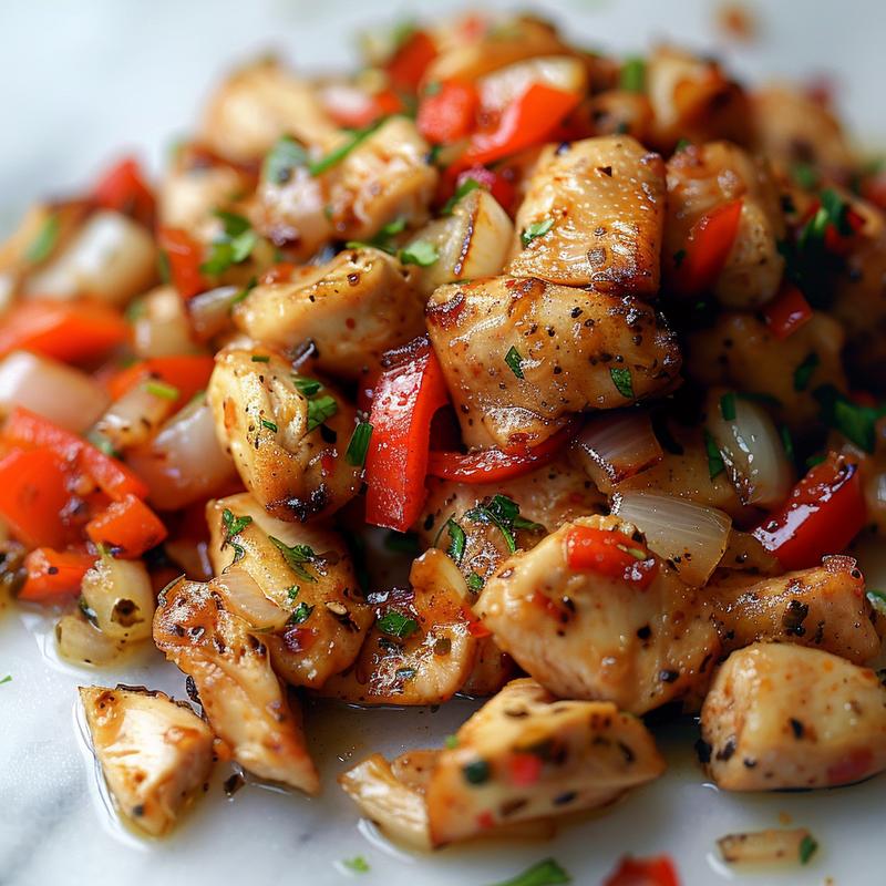 Close up of colorful chicken and vegetable dish on white marble.